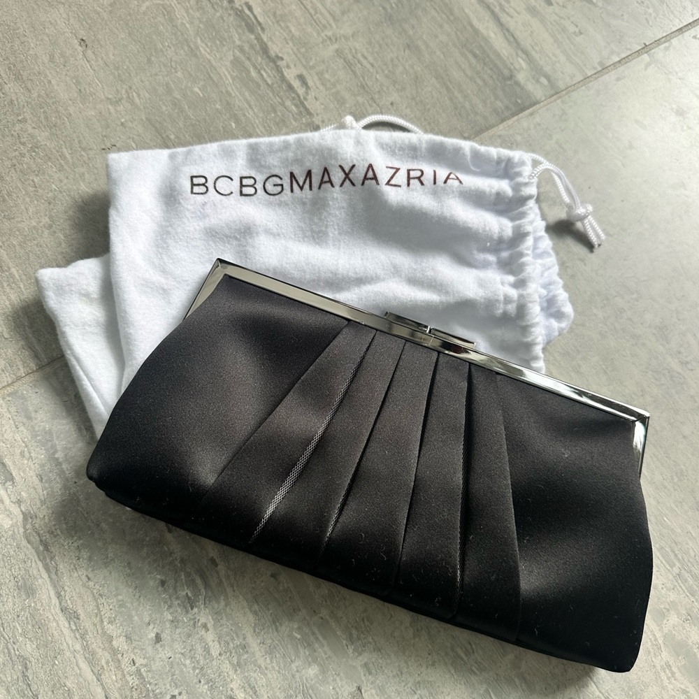 BCBGMAXAZRIA black Satin Pleated Evening Clutch Purse with Silver Frame